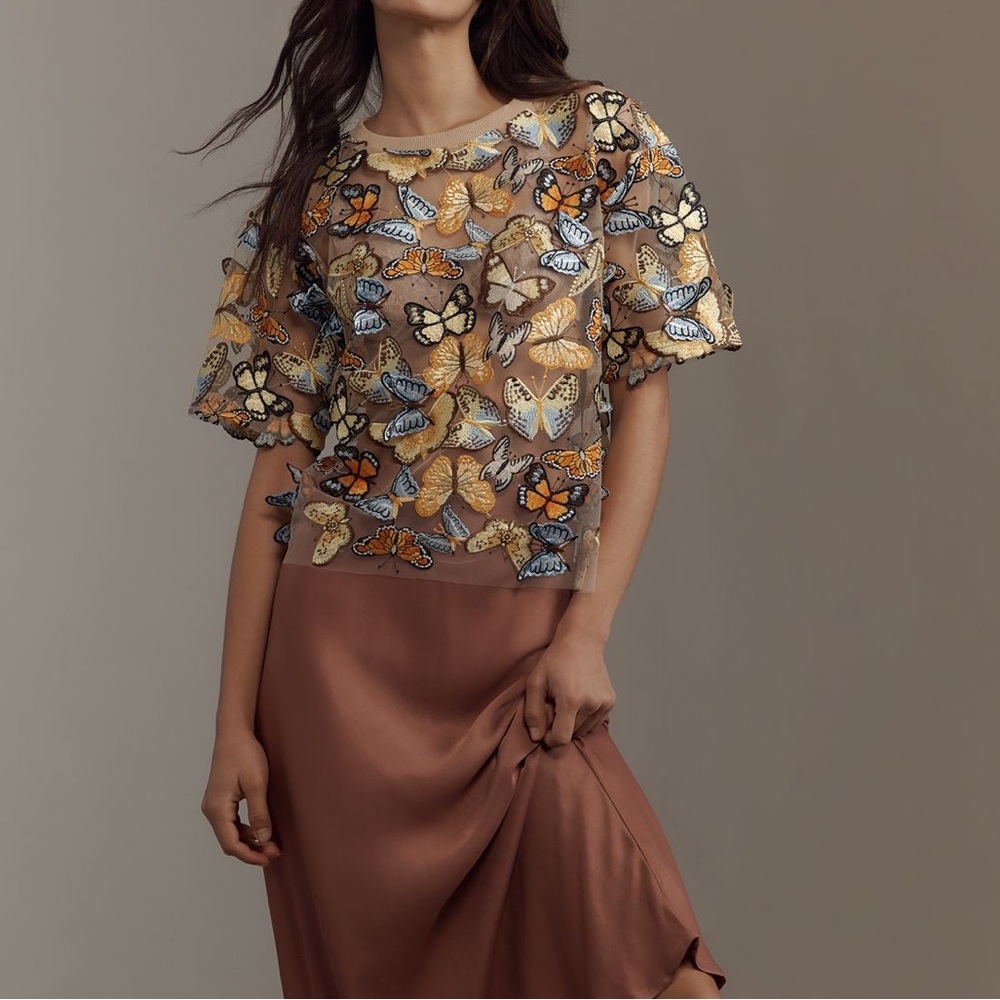 NWT Anthropologie Dolan Left Coast Butterfly Appliqué Sheer Tee - Picture 3 of 6